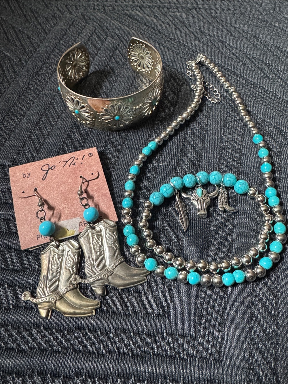 Turquoise & Silver-tone Western Jewelry - Necklace, Bracelet, Cuff & Earrings